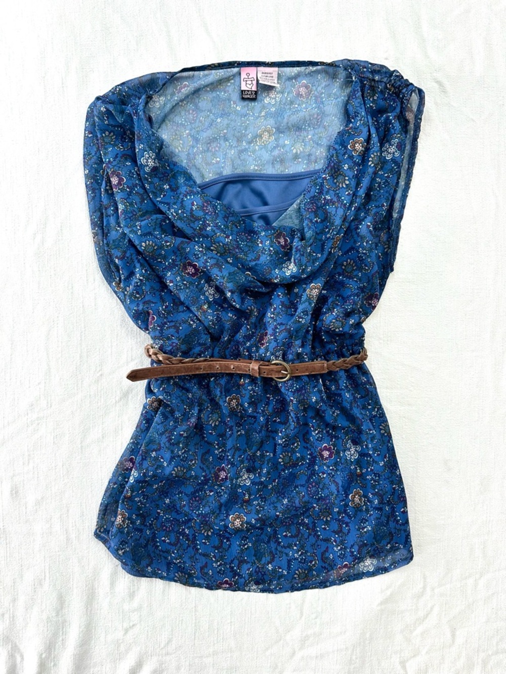 y2k sheer blue floral boho blouse — flowy cowl neck tunic by Love On a Hanger M